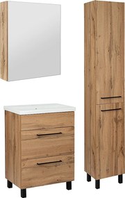Zestaw Łazienkowy 60cm Dąb Wotan Szafka z Umywalką Słupek Wysoki Szafka z Lustrem Sol