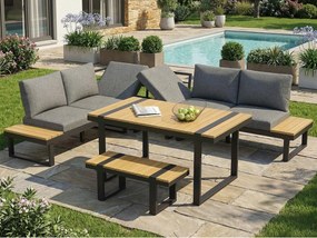 Salon ogrodowy - zestaw mebli - 6 osób - z żelaza ocynkowanego - kanapa narożna - ze stołem i ławką - blat z tworzywa drewnopodobnego - Szary