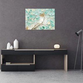 Obraz na szkle - kwiat z motylami (70x50 cm)
