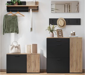 Zestaw wieszakowy do przedpokoju - 2 szafy na buty - wieszak na ubrania i 4 haki - Lustro - Naturalny + Czarny