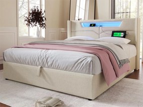 Łóżko tapicerowane 140x200cm z tkaniny lnianej - z LED i portami ładowania - z stelażem na listwy - Beżowe