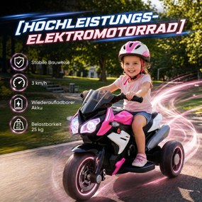 HOMCOM Elektryczny motocykl dziecięcy, światła i dźwięki, 3 km/h, akumulatorowy, tworzywo sztuczne i metal, Różowy/Biały | Aosom PL