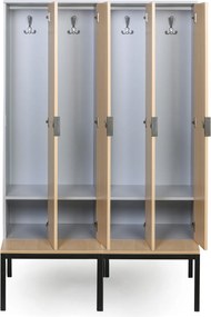 Drewniana szafa ubraniowa S4 z ławką, 4-drzwiowa, 1871 x 1200 x 500/800 mm, demontaż, zamek kodowy, szary/buk
