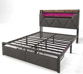 Łóżko dla dorosłych 140x200 cm - z zagłówkiem i schowkiem, 2 szuflady, USB, gniazdo typu C, oświetlenie LED - szary len - materac w cenie