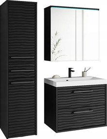 Nowoczesne meble łazienkowe, zestaw wiszący z umywalką, lustrem i słupkiem, fronty MDF fala, czarny mat