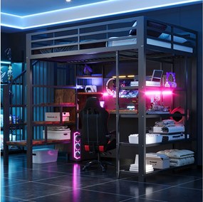 Łóżko piętrowe z kutego żelaza 140×200 cm - z biurkiem - z gniazdkiem elektrycznym - z oświetleniem LED - czarny (materac nie wchodzi w skład zestawu)