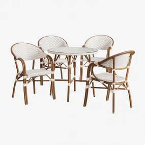 Zestaw Okrągłego Stołu Brielle Bistro O Średnicy 80 Cm I 4 Składane Krzesła Aluminiowe Z Podłokietnikami. Nude Beżowy - Gardenia Biel - Sklum