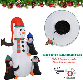 Homcom Dmuchana dekoracja świąteczna bałwana z 3 pingwinami, LED, poliester, 140 x 70 x 180 cm | Aosom PL