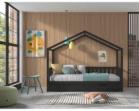 Antracytowe łóżko dziecięce z litego drewna sosnowego w kształcie domku z wysuwanym łóżkiem ze schowkiem 90x200 cm DALLAS – Vipack