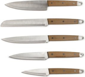 Zestaw 5 noży ze stali nierdzewnej LIVOO z drewnianymi uchwytami bukowymi - szefa kuchni, do chleba, kuchenny, do porcjowania, uniwersalny, matowe wykończenie