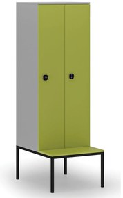 Drewniana szafa ubraniowa S4 z ławką, 2-drzwiowa, 1871 x 600 x 500/800 mm, demontaż, zamek kodowy, szary/zielony
