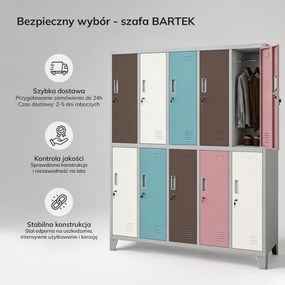 Szafa BHP ubraniowa 10-drzwiowa szaro-pastelowa: BARTEK 1360 x 1720 x 450 mm
