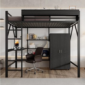 Łóżko piętrowe dla dzieci, żelazne, 140 x 200 cm, z szafą + biurkiem + półką - żelazo + płyta MDF - czarne