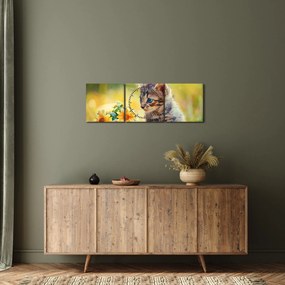 Obraz kotka patrzącego na kwiat (z zegarem) (90x30 cm)