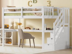 Łóżko mezzanine z drewna sosnowego - 90x200cm - z schodami do przechowywania i biurkiem - z stelażem na listwy - Białe