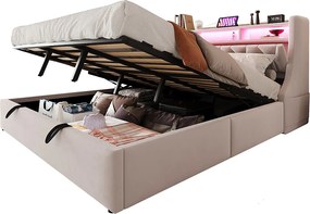 Łóżko tapicerowane ze schowkiem - 180 x 200 cm - hydrauliczne - składany zagłówek ze schowkiem + diody LED - MDF - beżowe