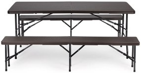 Zestaw cateringowy imitacja rattanu - stół bankietowy 180 cm i 2 ławki Party, brązowy