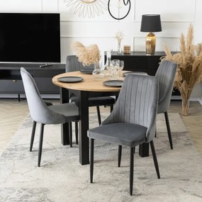 Zestaw Stół Okrągły Rozkładany HARRY 102-142 cm Dąb Artisan/Czarny i 4 Krzesła Tapicerowane BARI Szare Nowoczesne