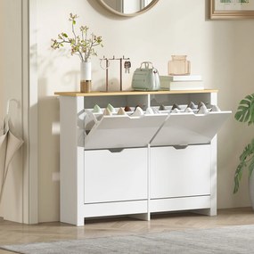 HOMCOM Wąska szafka na buty z 4 uchylnymi przegrodami, na 8–16 par butów, 105 x 26 x 80 cm, biały + naturalny | Aosom PL
