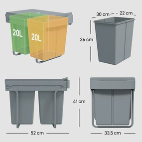 HOMCOM Wysuwany kosz na śmieci, 2 x 20 L, wyjmowane pojemniki, tworzywo sztuczne, metal, szary