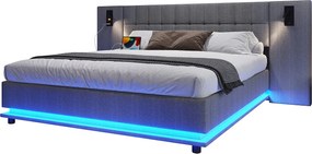 Podwójne łóżko tapicerowane 180×200 cm - z taśmą LED - zagłówek z punktowymi światłami - z portem USB - len - szare (bez materaca)