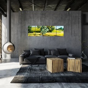 Obraz - rzeka między łąkami, obraz olejny (170x50 cm)