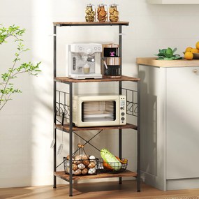 HOMCOM Regał kuchenny, 4-poziomowy design, powierzchnia robocza, 8 haczyków, metalowe rury, brązowy+czarny