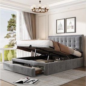 Łóżko z pojemnikiem 140 x 190 cm, 2 szufladami i zagłówkiem - Aksamit - Kolor szary
