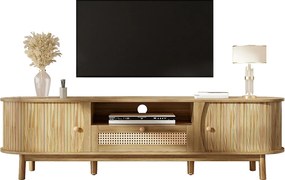 Stojak pod TV z rattanu - 165 x 37 x 46 cm - z 2 drzwiami + 1 szufladą + półką - niski front - MDF - naturalny