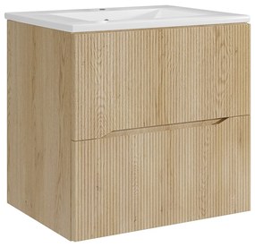 Podwieszana szafka łazienkowa prążkowana z i umywalką nablatową - Jasny naturalny - 60 cm - ORISO