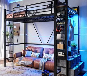 Łóżko piętrowe 90×200 cm - z suszarką - 4 szuflady - z portem USB+TYPE-C - oświetlenie LED - czarne