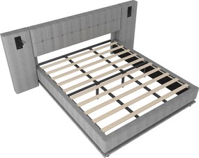 Łóżko dla dorosłych 180x200 cm Łóżko podwójne z listwą świetlną LED i lampką do czytania, USB - Len szare (bez materaca)