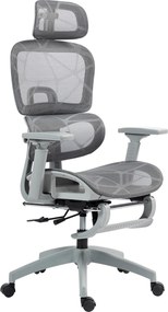 HOMCOM Krzesło biurowe, Ergonomiczne krzesło do biurka z tapicerką z siatki, regulowane, na kółkach, z podłokietnikami, zagłówkiem, Szary