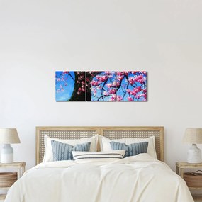 Obraz malowanego kwiatu wiśni (z zegarem) (90x30 cm)