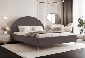 BESILIO Łóżko tapicerowane Boucle 120x200 Velora II - stelaż listwowy, wezgłowie, pojemnik, łóżko slim, wysokie złote nogi - Brązowy