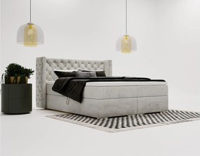 Emporius Valencia Box łóżko kontynentalne 160x200 - topper, materac H3, pojemnik - łóżko małżeńskie, tkanina aksamitna, jasny szary (Magic Velvet 2218)