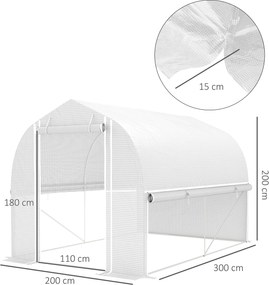 Outsunny Szklarnia tunelowa 3 x 2 x 2 m z rolowanymi bocznymi ściankami, odporna na UV folia z plastiku i stalowy stelaż, Biała