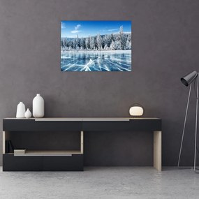 Obraz zamarzniętego jeziora i pokrytych śniegiem drzew (70x50 cm)