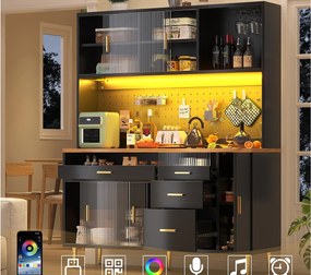 Kredens kuchenny 145x39x171 cm - 4 drzwi szklane - 4 szuflady - przegródka na wino - z oświetleniem LED - Czarny