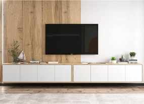 Szafka RTV z 8 drzwiami – korpus dąb wotan, fronty biały mat – 300 cm