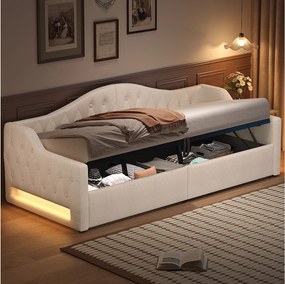 Łóżko z pojemnikiem 900 x 200 cm - Łóżko dziecięce z oświetleniem LED i podłokietnikami - beżowy len - bez materaca