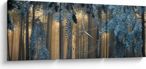 Obraz zaśnieżonego lasu (z zegarem) (90x30 cm)