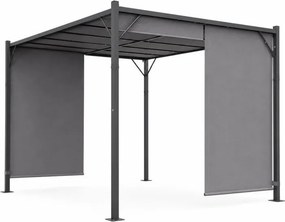 Szara pergola ogrodowa FG-362 z regulowanym zadaszeniem i roletami bocznymi