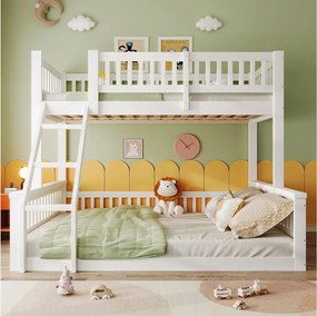 Łóżko piętrowe 90/140x200 cm - Łóżko dziecięce z drabinką i barierką, stelażem - białe - materac nie jest wliczony w cenę