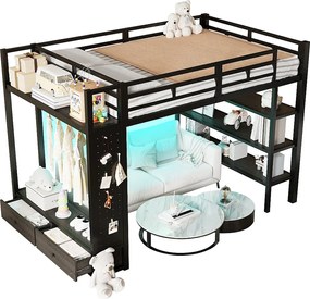 Łóżko na antresoli metalowe 140x200cm z LED - Otwarta szafa i 2 szuflady - Półki + panele do przechowywania - Czarny​ (bez materaca)