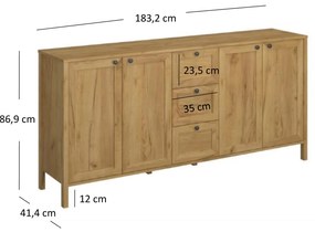 Komoda Czterodrzwiowa z Szufladami Drewniana do Salonu DALE 183 cm Dąb craft złoty Klasyczna
