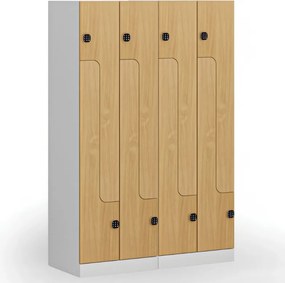 Metalowa szafka ubraniowa S1 Z, 4-drzwiowa, 1850 x 600 x 500 mm, zamek kodowy, drzwi laminowane, dąb naturalny