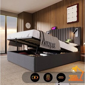 Łóżko tapicerowane dwuosobowe z pojemnikiem - 180 x 200 cm - z lampką do czytania i zagłówkiem - bawełna - szare