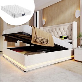 Łóżko tapicerowane dwuosobowe ze schowkiem - 160 x 200 cm - Materac + Leds + Zagłówek z USB - Tkanina bawełniana - Beżowy