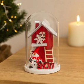 Kopuła szklana z drewnianym domkiem świątecznym, 12 cm